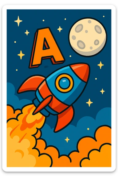 capital letter sitting on top of a rocket blasting off toward the moon, cartoon style, vibrant colors sticker