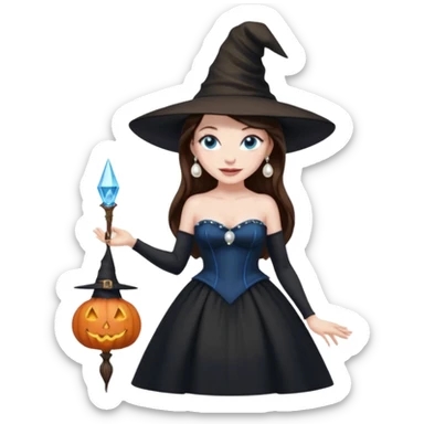 woman brunette, very large breasts, pale skin, blue eyes, long brown hair, black strapless dress, witch hat, pearl earrings, smirking, in black heels, standing, head to toe, full body, zoomed out, entire outfit visible sticker