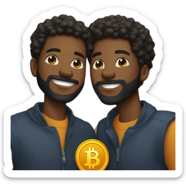 Two young black men in their 20’s with beards shaking hands with Bitcoin token in their hands  sticker