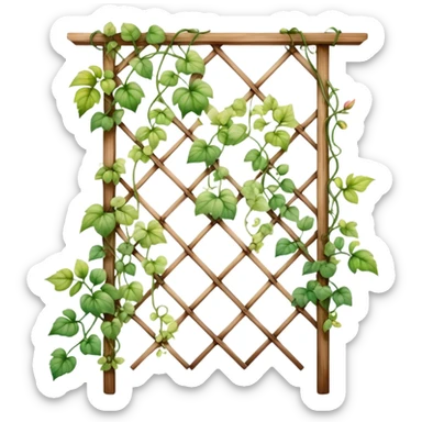 A delicate vine plant climbing a wooden trellis, painted in watercolor with soft gradients and organic details.
 sticker