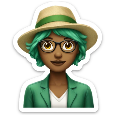 Woman with glasses, green hair and a hat sticker