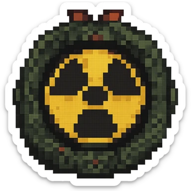 Add a radioactive symbol to the nuke symbol in pixel art style, with no background. sticker
