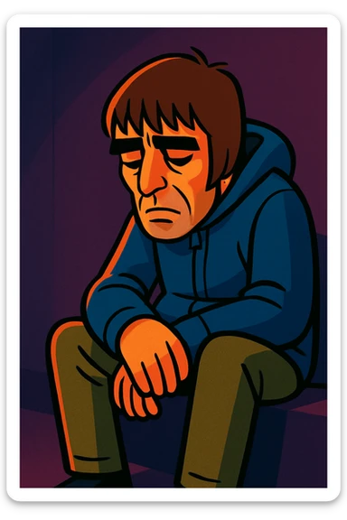 Liam Gallagher sitting alone, looking down, sad mood, moody lighting, expressive face sticker