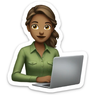 fair girl working on laptop designing website brunette green wearing  button up  sticker
