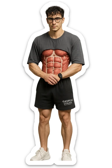 lascia questo ragazzo identico ma fallo in piedi in posa frontale con fasci muscolari anatomici realistici del core visibili, iperealistico 4k sticker