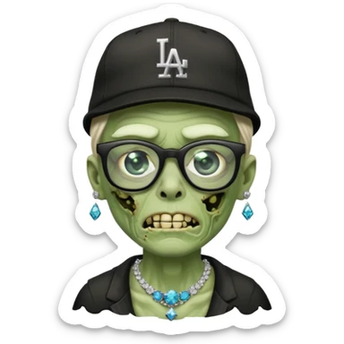 Green Zombie with black glasses dodger hat and diamonds necklace sticker