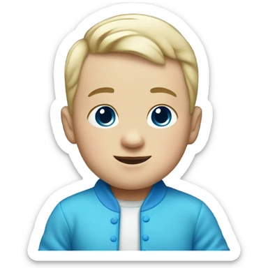 A white baby boy dressed in blue with blue confetti sticker