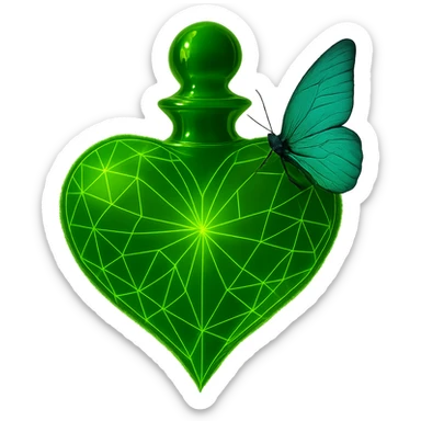 Edit the image to keep only one butterfly, positioned naturally as if sitting on the side of the bottle. Remove all other butterflies. Maintain the compact, luxurious heart-shaped bottle, neon green color, strong glowing aura, and transparent background. The style should match the original image's luxurious and glowing aesthetic. sticker