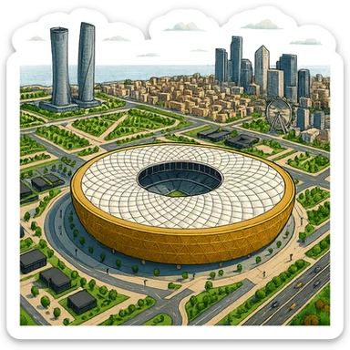 Изометричная, яркая, детализированная и фотореалистичная иллюстрация стадиона Lusail Stadium в стиле 3D-коллажей городов, насыщенные цвета, аккуратные и чёткие линии, мультяшно-реалистичная стилистика. Чёткие контуры, не размазанные линии, высокое качество, прозрачный фон, не обрезать края стадиона. sticker