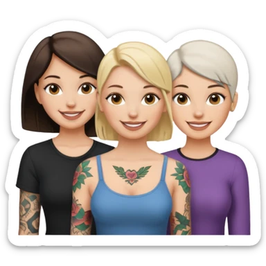 throuple blonde femaleand brunette female with bald tattooed sticker