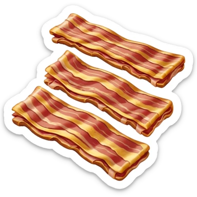 two strips of cooked bacon, wavy and slightly curled, reddish-brown with golden highlights, visible fat marbling, glossy and crispy, soft lighting, subtle shadows, no plate or utensils, no faces, transparent background, emoji scale sticker