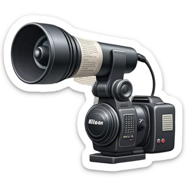 An icon featuring a microphone, a newspaper, a professional camera Nikon D5, representing journalism and mass media. The design includes headlines and imagery, symbolizing the spread of news and information. Transparent background highlights the power of communication and media. sticker