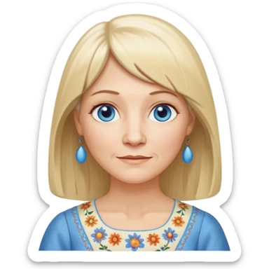 50 yr old white woman, hippie parted hair, short bangs, very long straight blond hair, oval face, small smile, blue eyes, thin face, hair downback, hair parted at center of head, round cheeks, pale, longer hair, white dress sticker