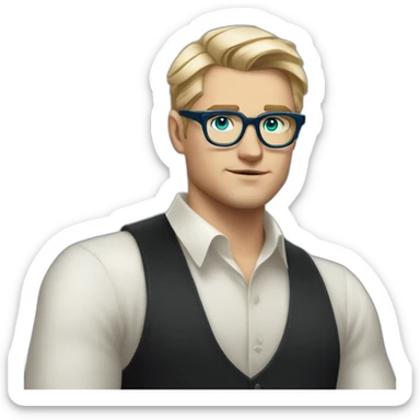 blonde hair white male wearing black shirt with bold blue thick glasses and has green eyes and blonde short hair in comb over Gatsby style similar face shape to Leonardo DiCaprio sticker