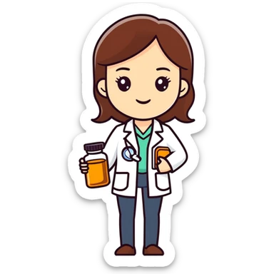 Brunette female Pharmacist holding an amber pill bottle sticker