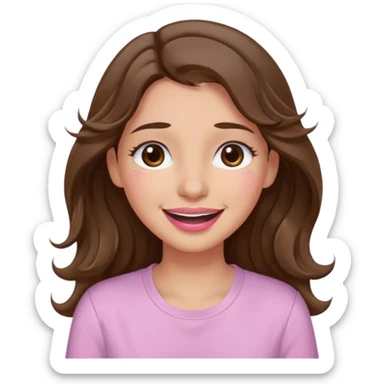 girl with wavy long brown hair, brown eyes, light to medium complexion, long lashes, light pink lipstick, wearing light pink shirt, smiling, crying, laughing, tears sticker