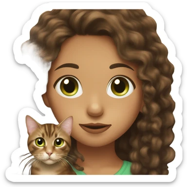 Girl with fair skin, hazel eyes, and long, dark brown curly hair kissing a brown tabby cat with green eyes on its head sticker