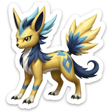 Feral Scaly Striking Slaying Badass Evil Handsome Lightning-patterned Zig-zagged buzzy fuzzy Meloetta-Renamon-Zeraora-Luxray-Cobalion-Absol-Vernid-fusion-hybrid-creature, full body  sticker