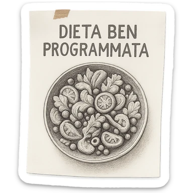 hyperrealistic 4K top view of a sheet of paper with a bowl of salad drawn on it and the text 'DIETA BEN PROGRAMMATA', variation 5, no background sticker