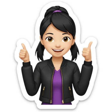 A girl with a pony tail black hair and Asian tan skin, Asian eyes, with a black jacket and a black purse, laughing with arms crossed giving a thumbs up  sticker
