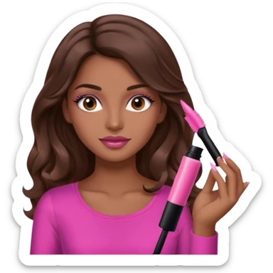 gorgeous woman, light brown skin, dark brown eyes, long wavy brown hair, pink top, clear lipgloss, mascara  sticker