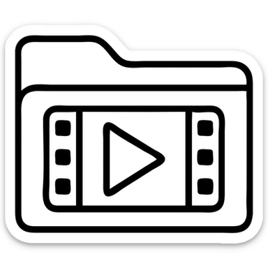 Create a very simple flat color clip art style video library folder icon matching the blue folder icon design. The icon should be minimal with a transparent background, no text, featuring a white play button and film strip details on the folder, and a thin black outline matching the original folder icon style. sticker
