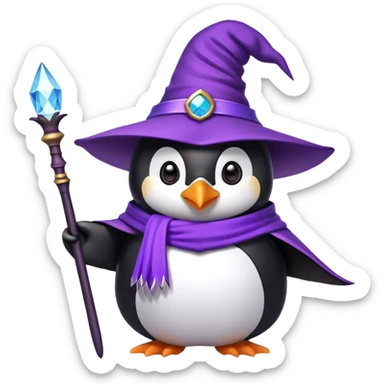 Penguin wearing a purple wizard hat and holding a magic wand sticker