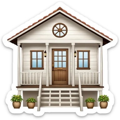 A typical wooden house from rural Puerto Rico with a central functional door, two symmetrical windows, a front porch with open railings, and a rocking chair. The house should look humble but well-maintained, evoking warmth and authenticity. sticker