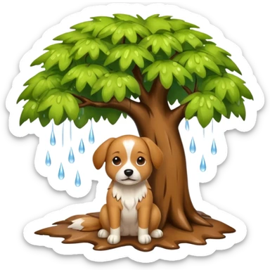 a dog sitting under a tree in the rain sticker