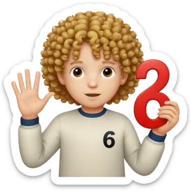 A curly-haired, white child holding the number 6 in his right hand and the number 7 in his left hand. sticker