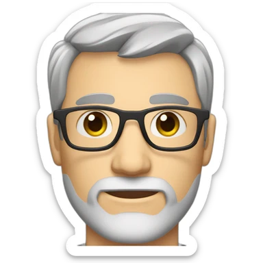 Caucasian man 40. brown eyes. short hair and short gray beard. disheveled without parting. black glasses sticker