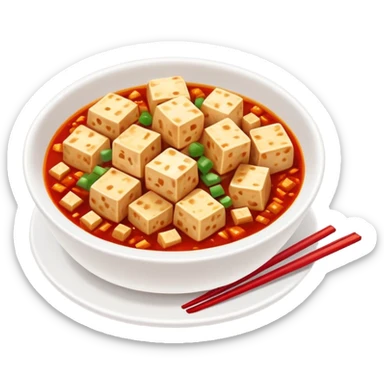 Sichuan Mapo Tofu spicy red dish with tofu cubes, simplified emoji style with bold outlines and bright colors, cartoon style national famous Chinese cuisine sticker