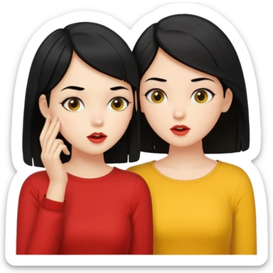 2 girls gossiping. both are fair and have black hair. One has short hair, one has long. One is wearing yellow, one is wearing red sticker