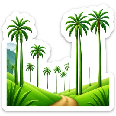 Cinematic Realistic Cocora Valley Landmark Emoji, featuring towering wax palm trees swaying in the misty green valley, with rolling hills and distant mountain peaks bathed in warm morning light. sticker