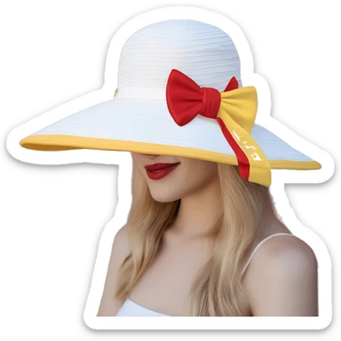 a beautiful Love themed, women's sunhat with bow in white, bright crimson red and yellow gold colors, sticker