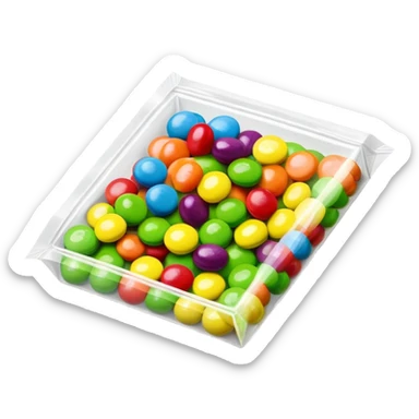 A very colorful Skittles candy package in bright rainbow colors, partially open with only green Skittles visible inside and a few green candies next to it. sticker