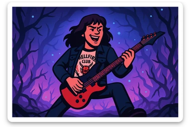 Replace the character with Eddie Munson from Stranger Things, playing an electric guitar in the Upside Down. Use vibrant toon style with a wide 16:9 aspect ratio. Include a dramatic supernatural background with eerie lighting and atmospheric effects to capture the Upside Down ambiance. sticker