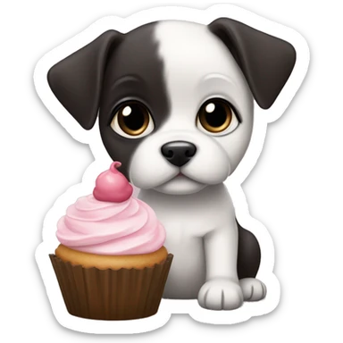Cute big eyed Black and white teddy Roosevelt terrier puppy (no brown) eating a cupcake sticker