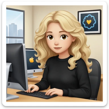 pretty brown-eyed blonde young woman with wavy hair, wearing a black sweater, working on a computer in a cozy office sticker
