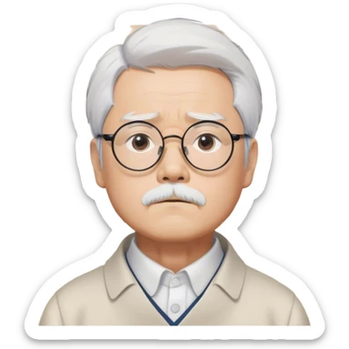 ​Cinematic Realistic Portrait of Hayao Miyazaki, depicted with striking white hair, defined black eyebrows, and large rectangular glasses, his thoughtful expression rendered in lifelike detail against a background of whimsical Studio Ghibli-inspired sketches, illuminated with soft, realistic lighting that emphasizes his creative genius, sticker