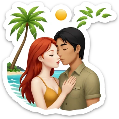 long black haired asian guy kisses redhead girl on island sticker