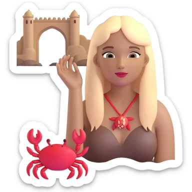 woman with long straight darker blonde hair, light brown skin, with the three iconic arches of Atalaia Beach (Aracaju-SE) in the background, and a small crab as a detail near her sticker