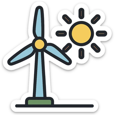 colorful outlined icon of a wind turbine and sun sticker