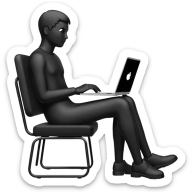Minimalistic flat vector icon, iOS style, thin black contour on white background. Person silhouette sitting with a laptop, code brackets <> on the screen. Clean, no te sticker