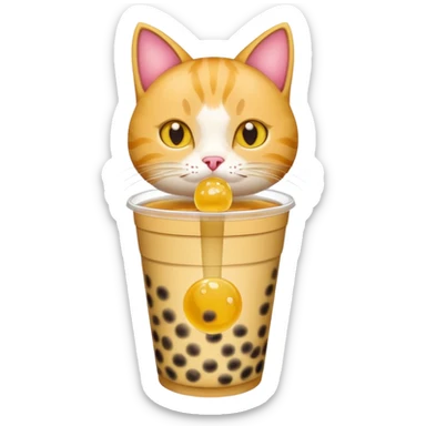 cat drinking bubble tea, apple style emoji, yellow background sticker