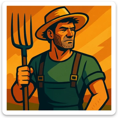 vibrant toon style illustration of a rugged middle-aged farmer, sun-bleached face, black hair, strong jaw, stubble, green trousers, suspenders, green T-shirt, straw hat, holding pitchfork, dramatic warm golden-brown background, bold lines, mix of warm and cool lighting, rustic rural America vibe sticker