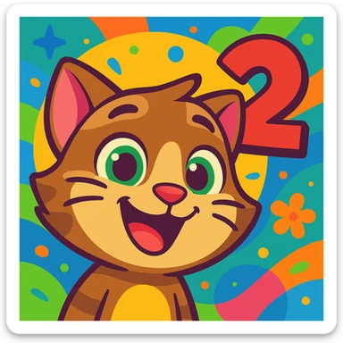 My Talking Tom Friends 2 style icon, cute animated cat face with number 2, colorful background, cheerful expression sticker