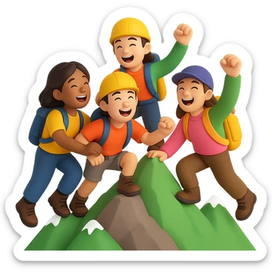 Illustrate a group climb with several people climbing a mountain together, all laughing joyfully and full of energy. Maintain the 3D emoji style and ensure the background is removed for a clean look. sticker