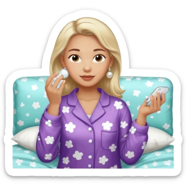 Clean girl aesthetic emoticons, apply skincare products, pearl earrings, glowing skin, pajamas, soft lighting sticker