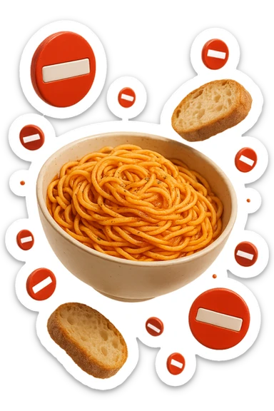 bowl di pasta e fettine di pane che fluttuano in aria con piccoli divieti 3d, sfondo bianco, iperrealistico 4k sticker